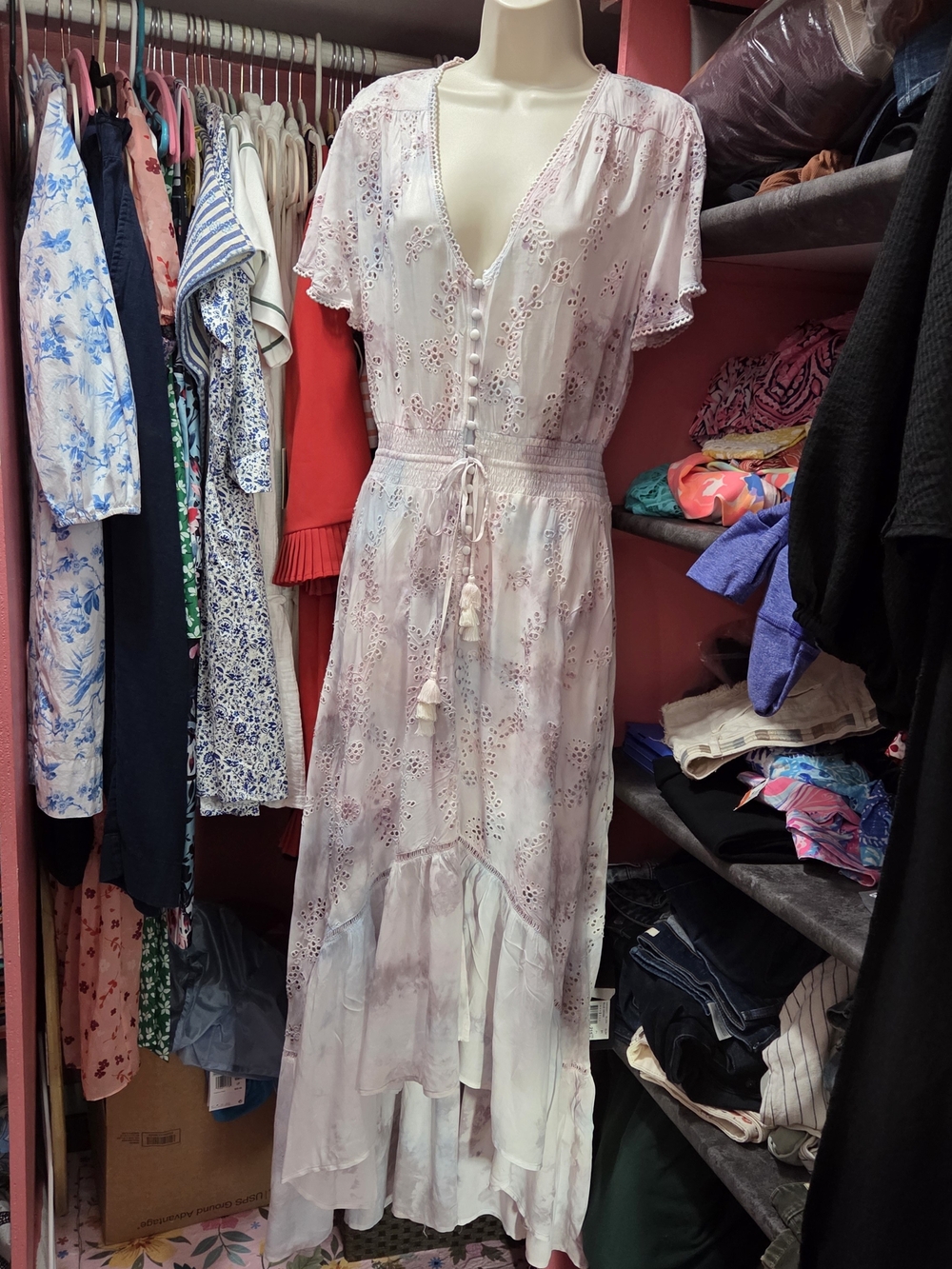 Boho Blush Eyelet Maxi Dress with Tassel Tie